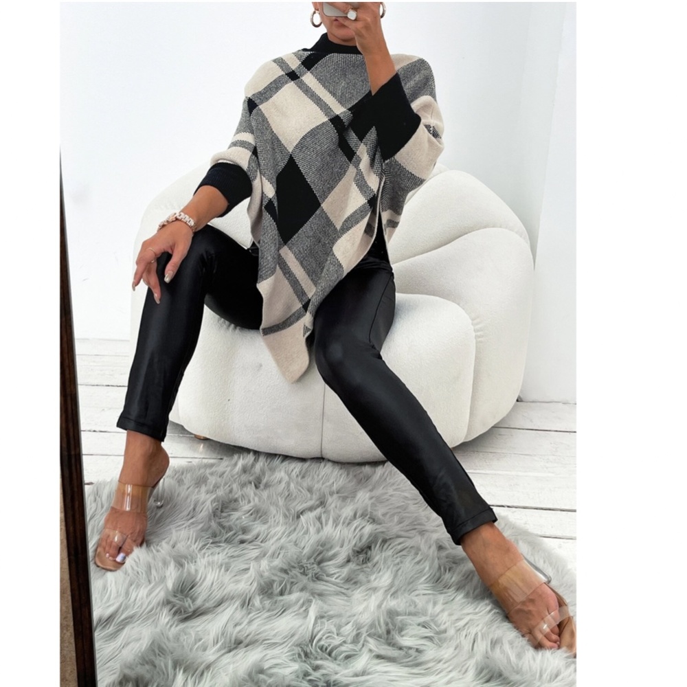 Plaid Poncho Style Sweater Turtleneck Beige Black - Picture 4 of 14